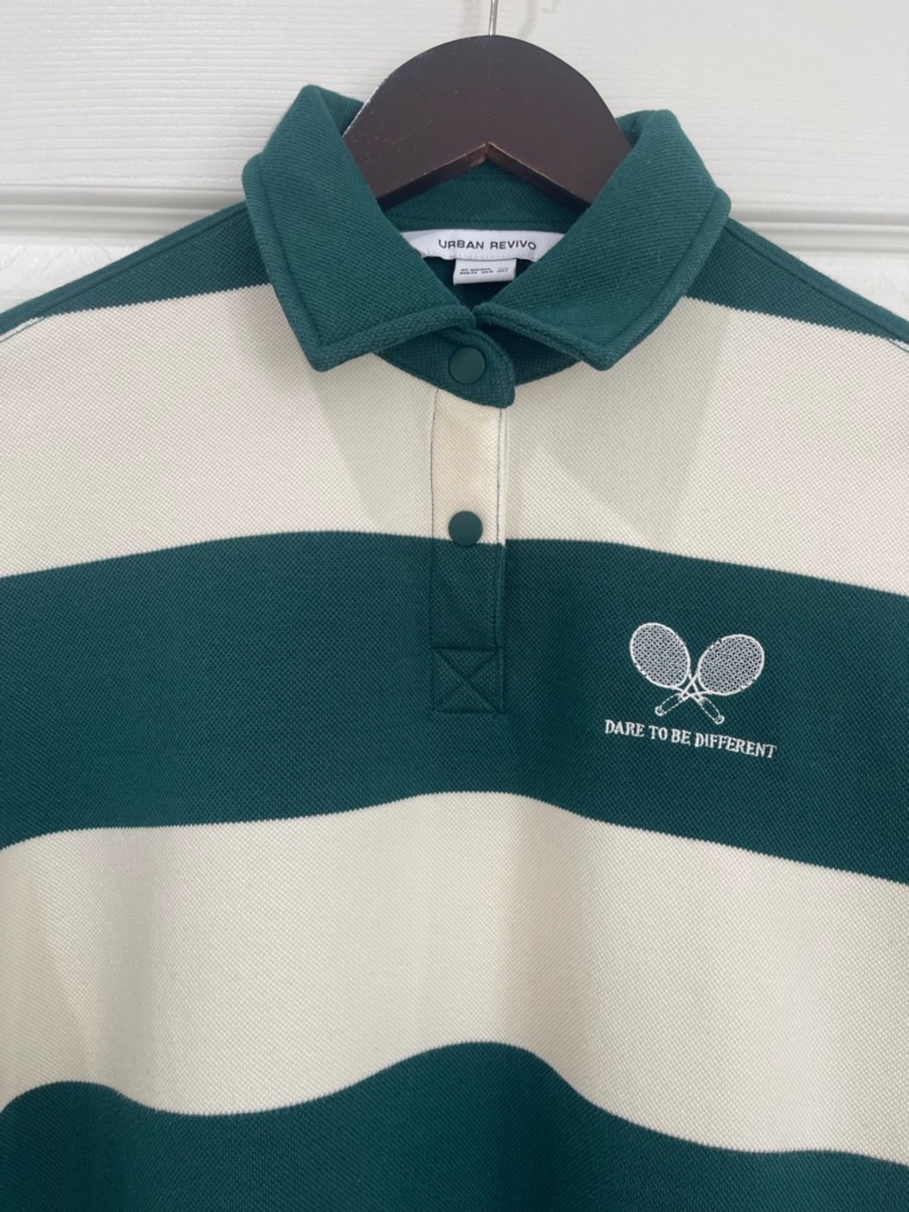 Women's Green and Cream Striped Rugby Polo Sweatshirt Size XS - Picture 5 of 6